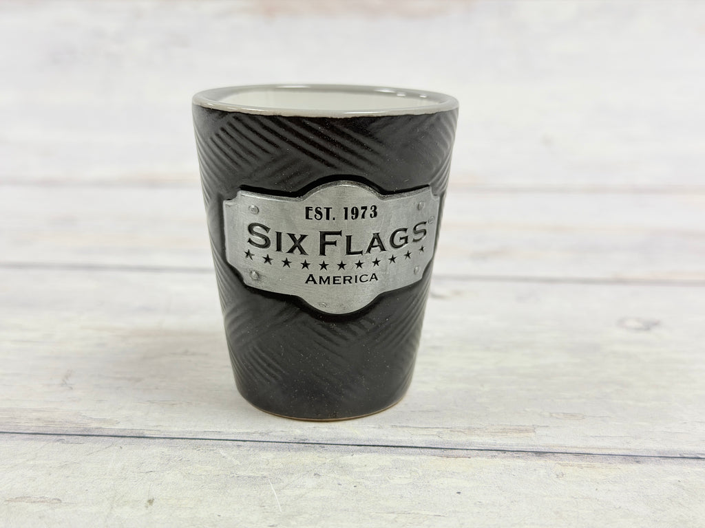 Six Flags America Black Ceramic Shot Glass with Commemorative Plaque