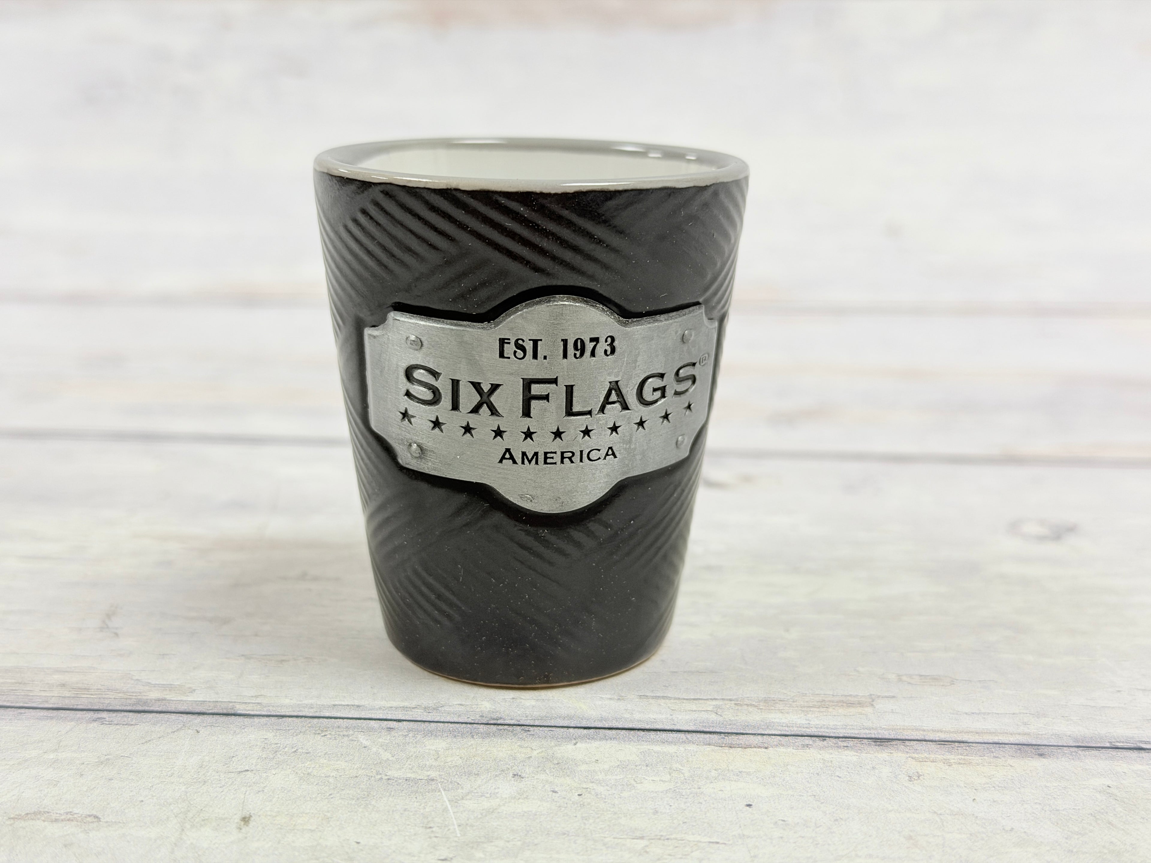 Six Flags America Black Ceramic Shot Glass with Commemorative Plaque