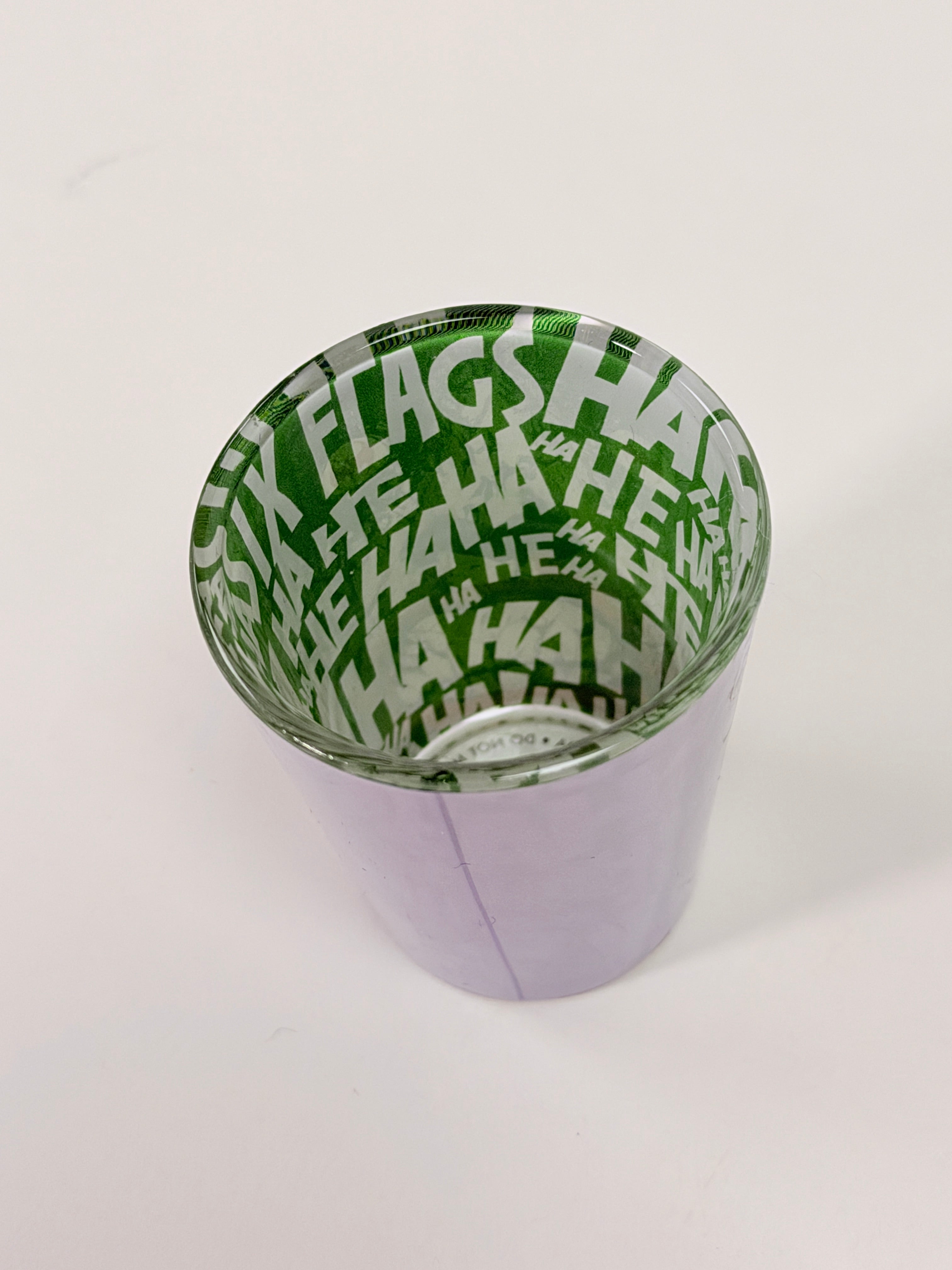 Six Flags The Joker Glass Shot Glass HA HA Green Interior