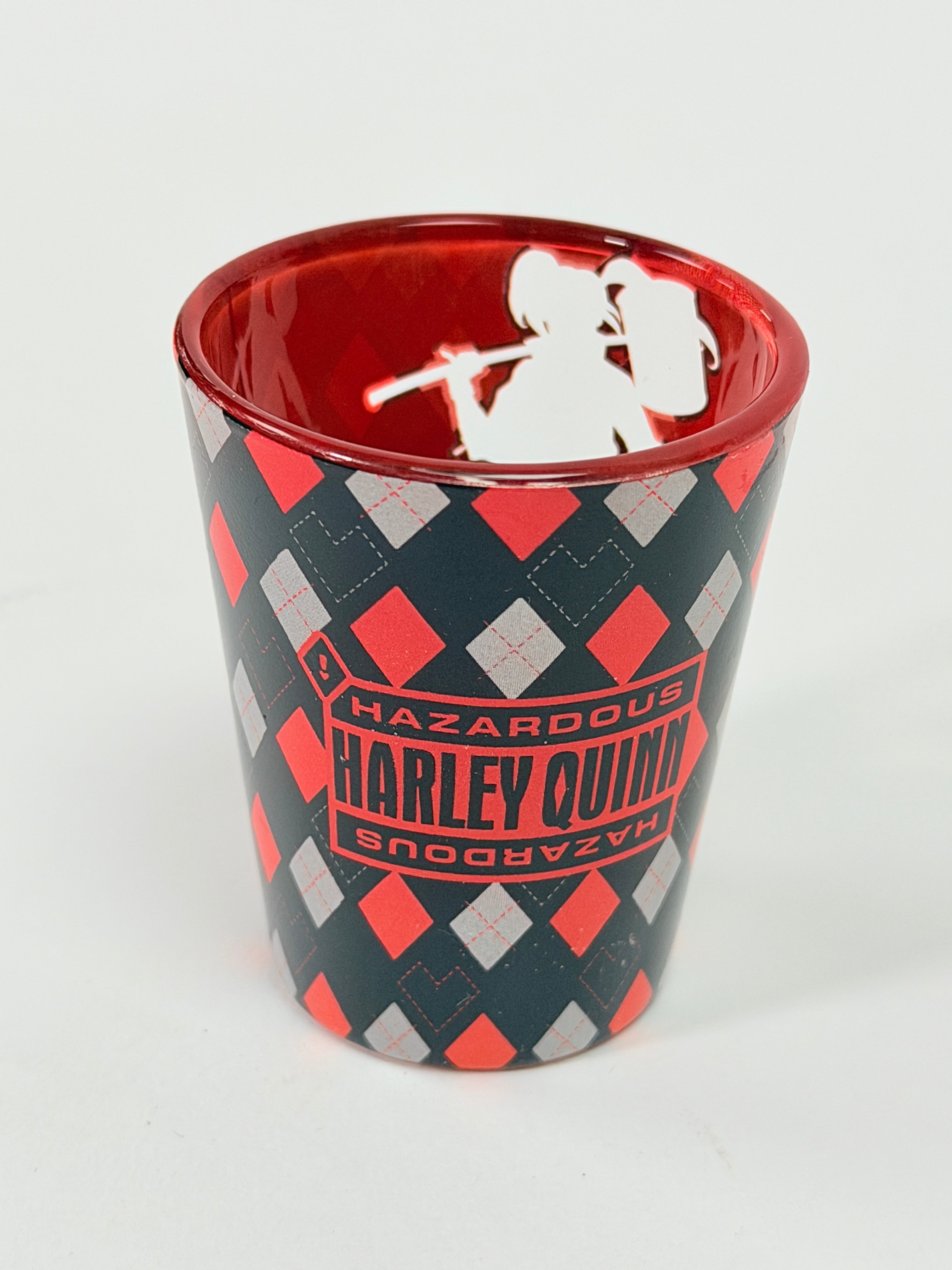 Six Flags Harley Quinn Glass Shot Glass Red Black Diamond