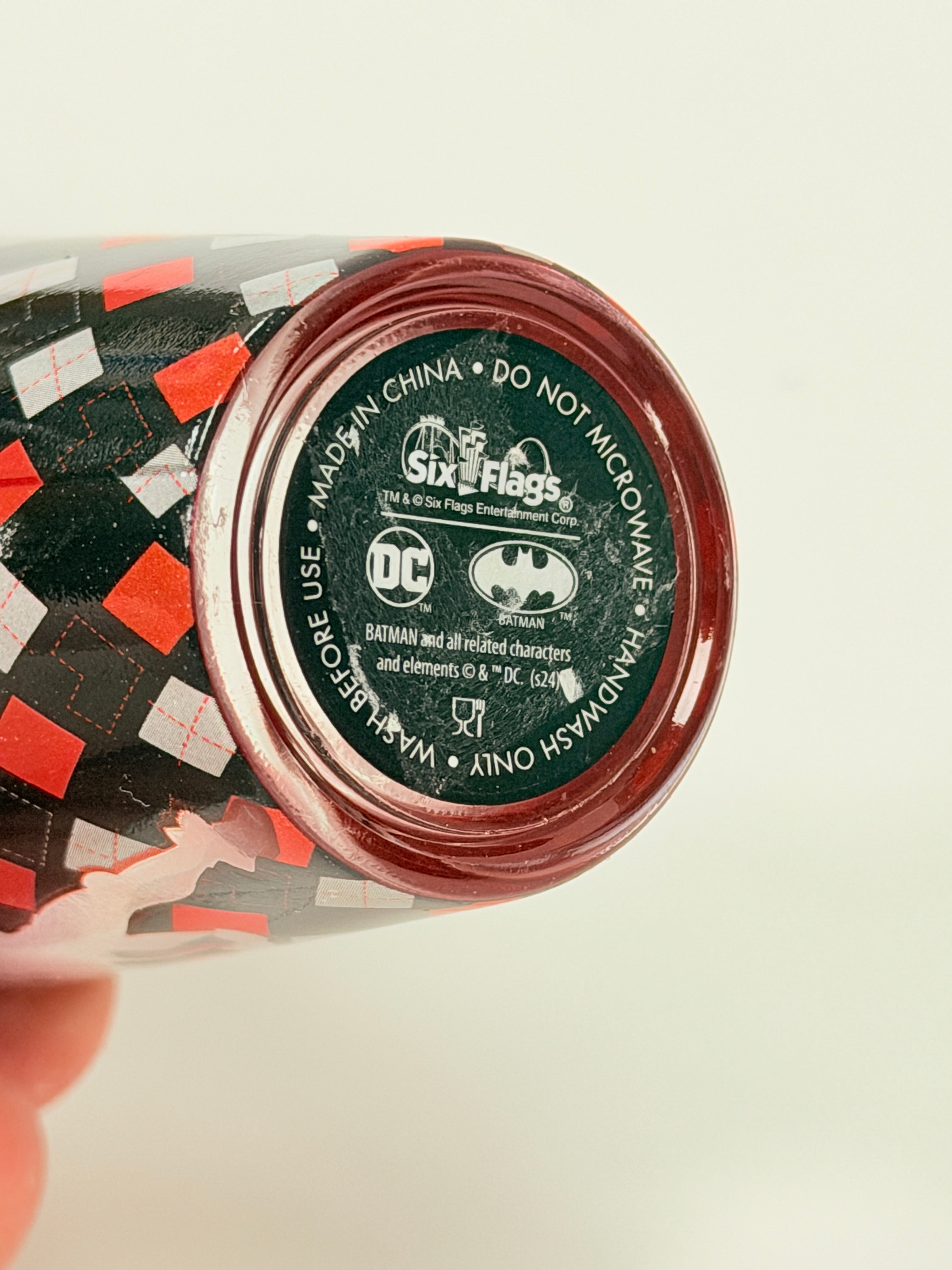 Six Flags Harley Quinn Glass Shot Glass Red Black Diamond