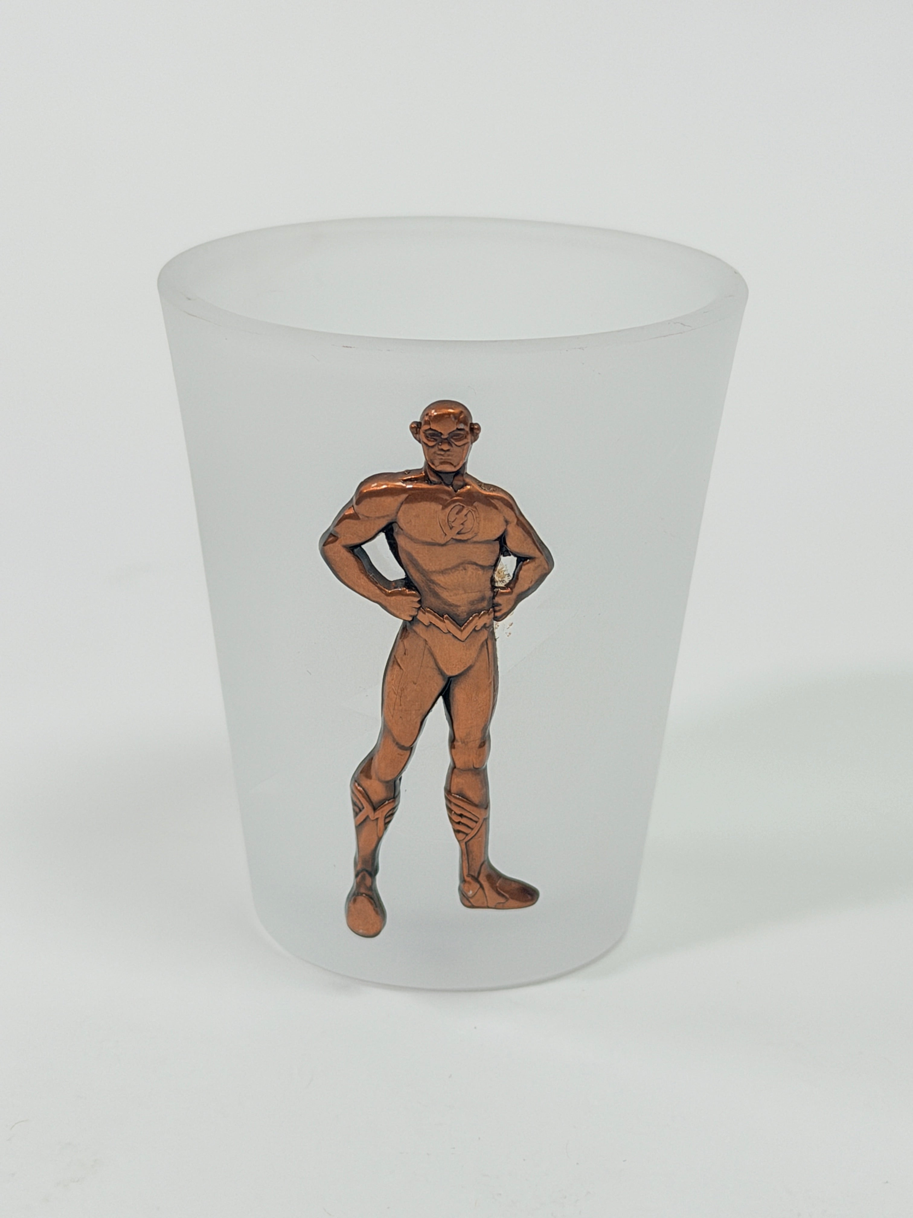 Six Flags The Flash Frosted Glass Shot Glass Brass Figure DC Comics Souvenir