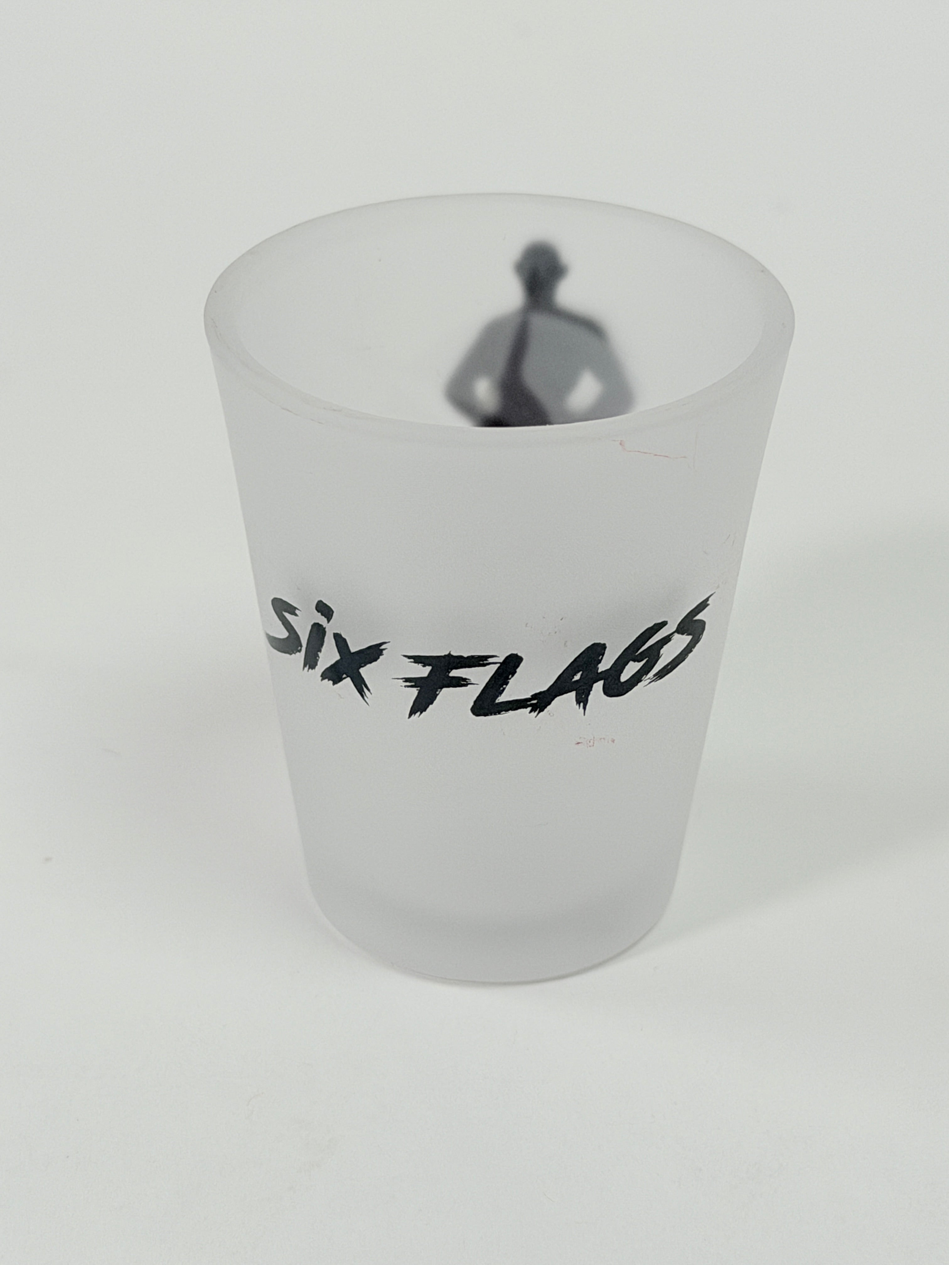 Six Flags The Flash Frosted Glass Shot Glass Brass Figure DC Comics Souvenir