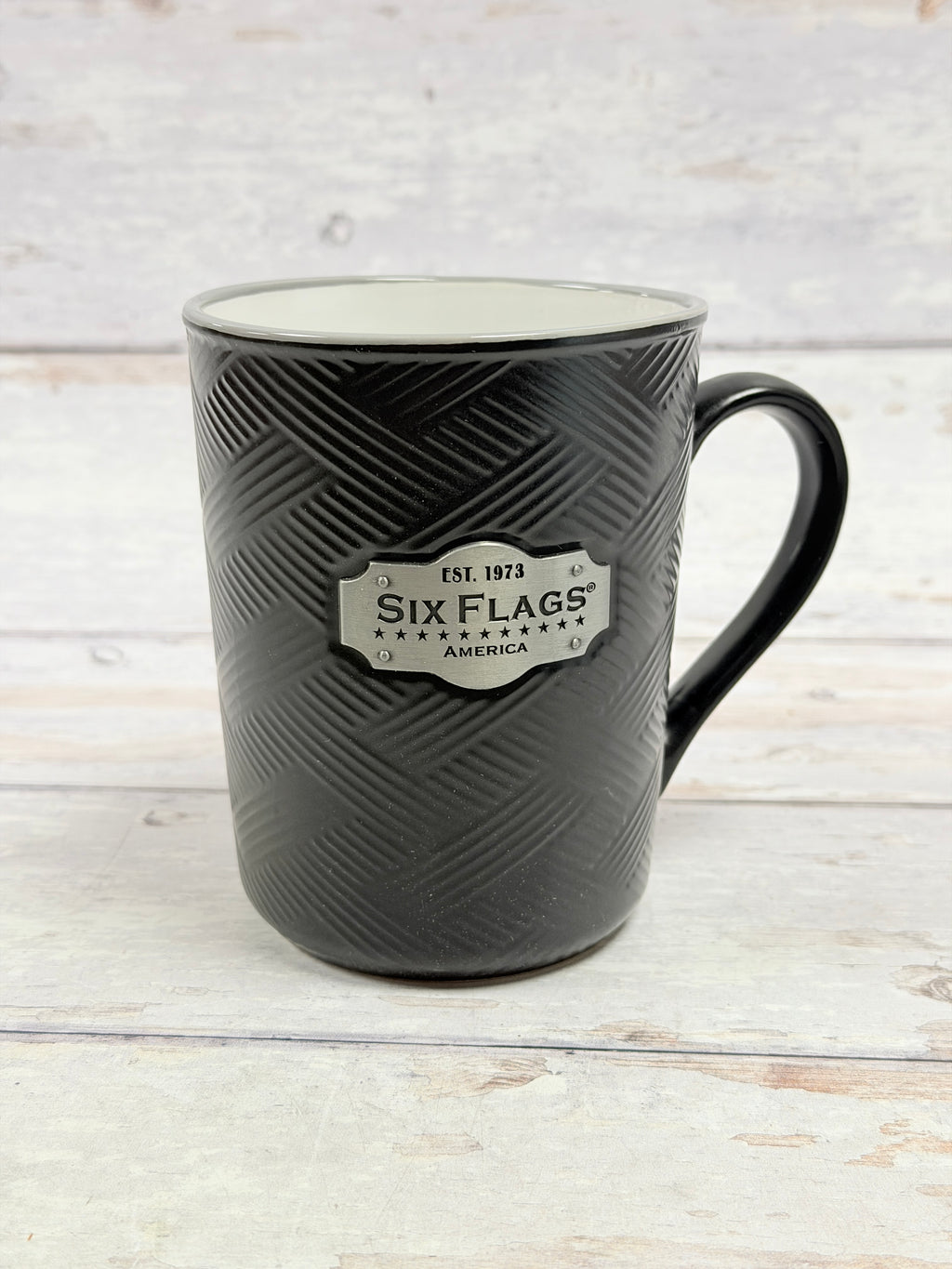 Six Flags America Black Coffee Mug with Metal Plaque