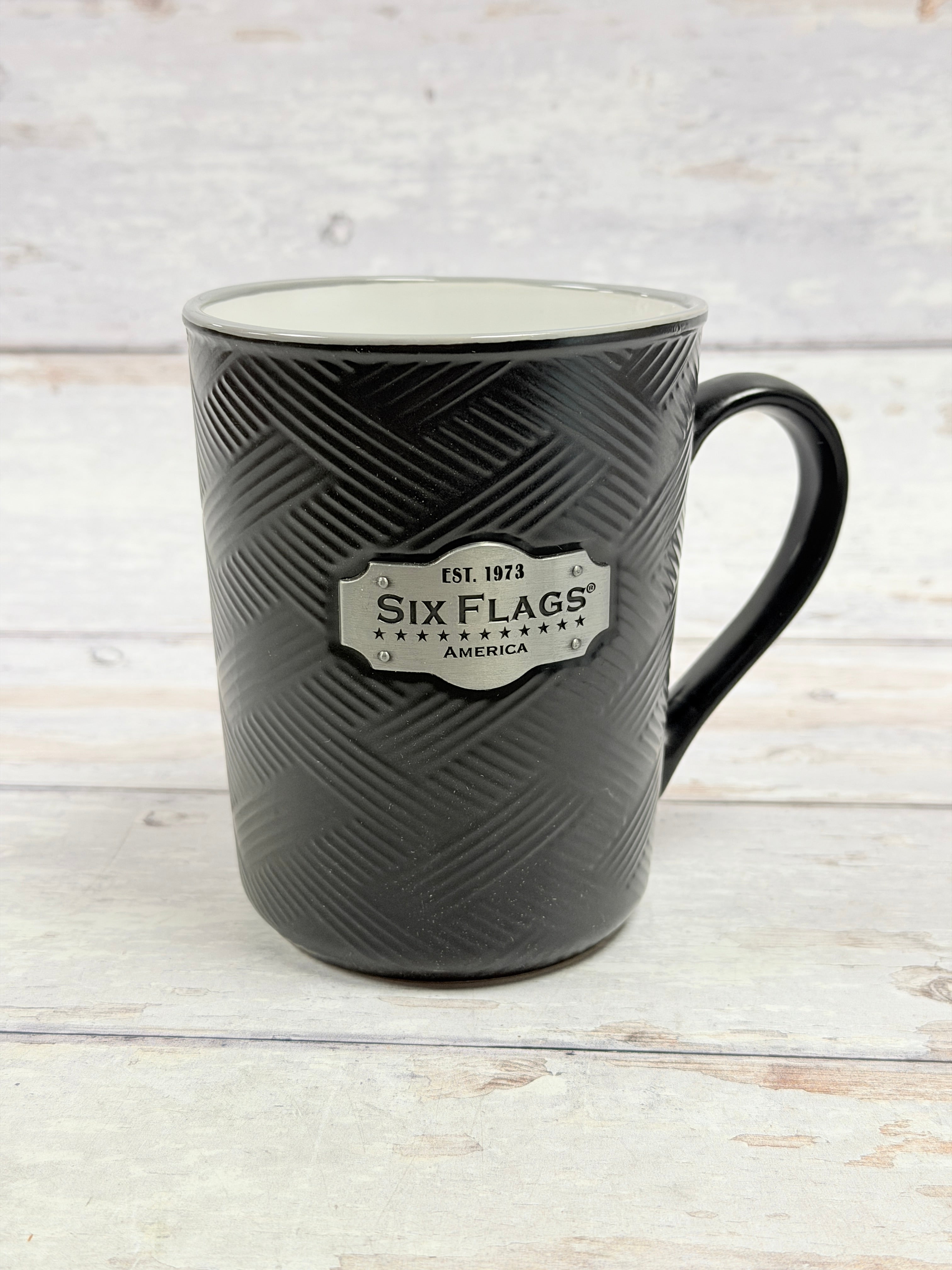 Six Flags America Black Coffee Mug with Metal Plaque